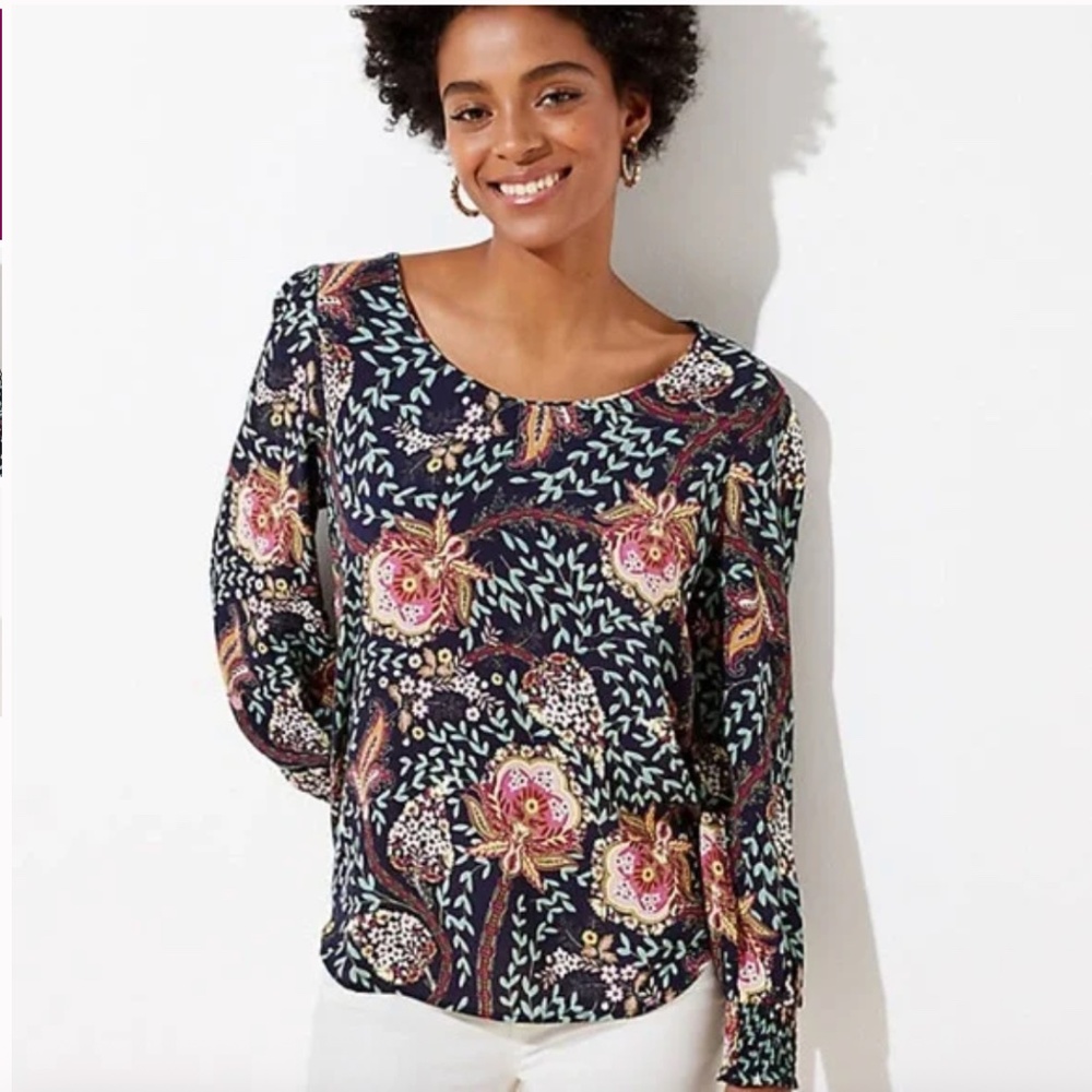 NWT Loft Floral Smocked Cuff Blouse, Size Medium